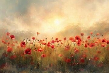 Fototapeta premium Poppy Field at Sunset with Golden Haze