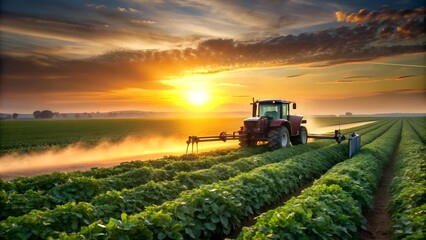 Fototapeta premium Sunset Symphony: A Tractor Painting Pesticides on Soybean Fields in Spring AI Generated