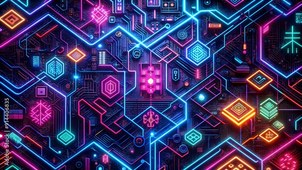 Poster neon circuitry symphony: a cyberpunk tapestry of light and data generative ai