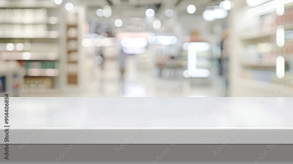 Poster Empty white table with blurry store background for product display