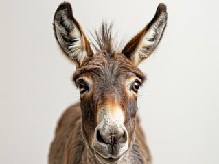 A close-up view of a donkey with expressive eyes and large ears in a neutral setting