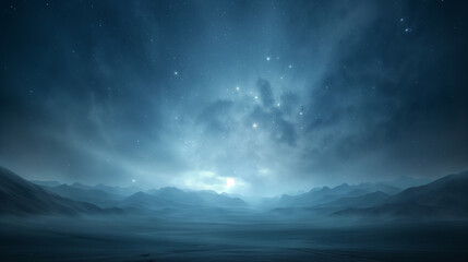 A vast, empty, and desolate landscape with a clear blue sky and a few stars