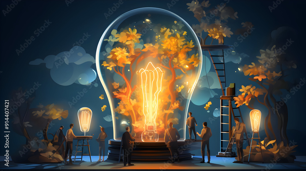 Poster people looking at a large lightbulb with a tree inside.