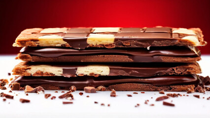 Horizontal three crispy cookies stacked up together with layers of chocolate