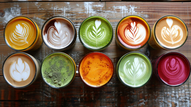 Different latte patterns like matcha latte, turmeric latte, beetroot latte, regular latte, top view