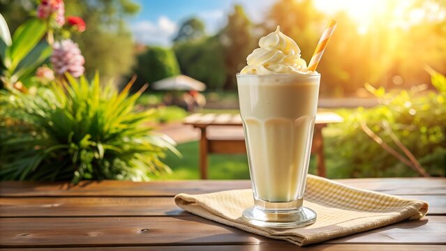 A Creamy Dream: A Vanilla Milkshake with Whipped Cream in a Glass on a Sunny Patio  AI Generated