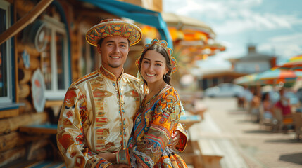 Obraz premium Newly Married Kazakh Couple Smiling Together on Local Street, Wearing Traditional Wedding Dress, Cultural Heritage and Diversity in Kazakhstan