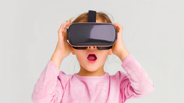 Child Wearing VR Headset Exploring Virtual Reality in Excitement. Young Girl Engaged with Technology Immersive Experience Captured in Portrait Style. Innovative Playtime Moment
