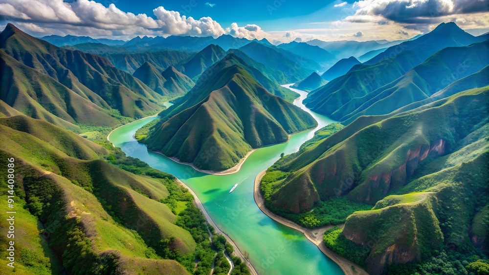 Poster serene symphony of jade and azure: an aerial tapestry of the three parallel rivers generative ai