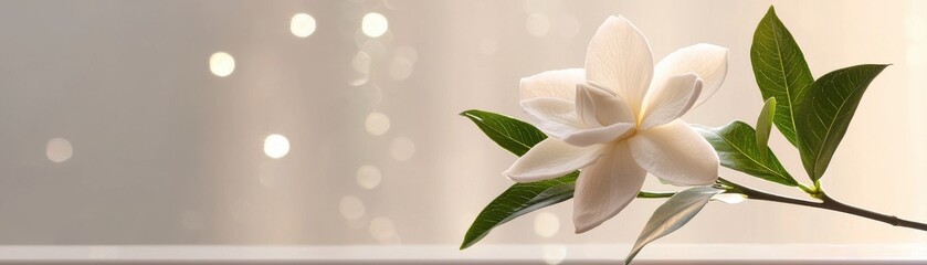 Fototapeta premium A delicate white flower with green leaves captured in soft light, perfect for nature-themed projects and floral designs.