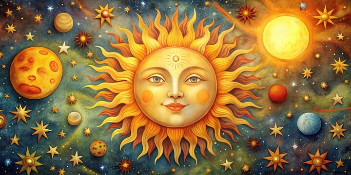 Serene sun face surrounded by stars and planets in warm, whimsical art style with autumnal colors, Sun, face, stars, planets