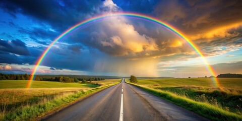 Rainbow over a country road , colorful, nature, scenic, landscape, rural, countryside, tranquil, serenity, travel