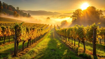Fototapeta premium A Symphony of Gold and Green: Capturing the Dawn's Embrace in a Vineyard Valley AI generated