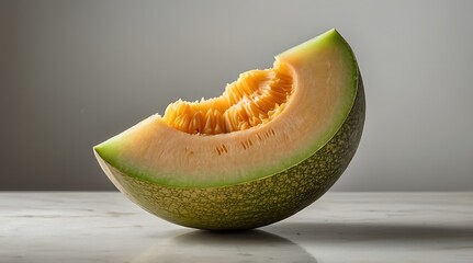 A slice of melon, with green skin and bright orange flesh, lies on a white background