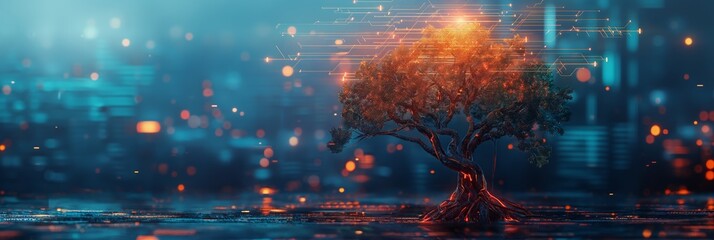 Fototapeta premium Futuristic tree with digital circuits in a cityscape. Conceptual fusion of nature and technology illustrating sustainability. Ideal for ecofriendly and techfocused editorial use