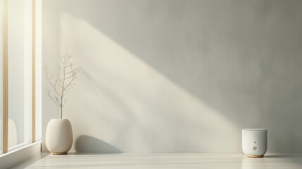 A white wall with a vase and a small white device on it