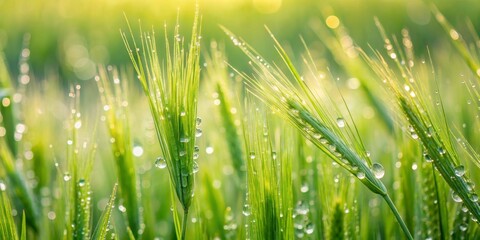 Obraz premium Dew Drops on Green Grass Blades at Sunrise, macro photography, close-up, nature, spring , dew , grass