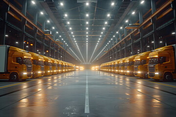 Rows of yellow semi-trucks parked inside a large warehouse.