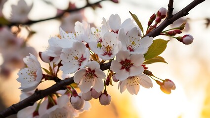 Closeup photograph of a branch of white cherry blossom