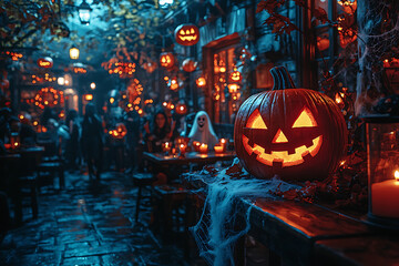 A dimly lit Halloween party with guests in elaborate costumes dancing among cobwebs, carved pumpkins, and eerie decorations like skeletons and bats. Lively yet spooky atmosphere