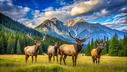 Elk Herd in a Mountain Meadow, Elk, Wildlife, Mountain, Nature