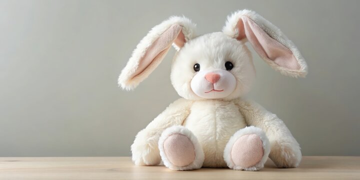 Animal stuffed toy bunny rabbit with fluffy white fur, long ears, and cute embroidered face, plush, toy, bunny, rabbit, fluffy