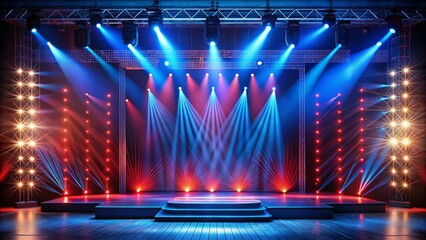 Empty Stage with Blue and Red Lights, 3D Illustration, Dark Stage, Concert Lighting, Spotlight , stage , spotlight