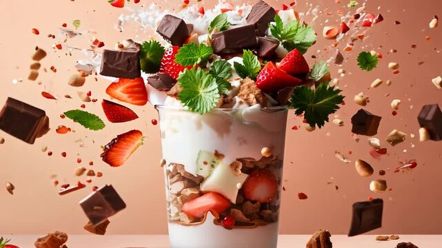 Delicious yogurt parfait with fresh strawberries chocolate chunks explosion