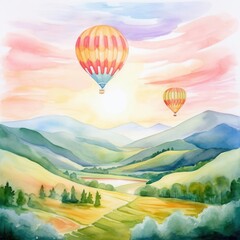 Naklejka premium Scenic hot air balloon ride, over rolling hills, sunrise, water color