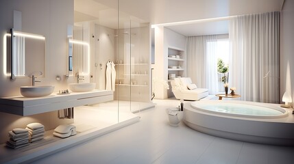Stylish white bathroom with modern amenities and spacious layout