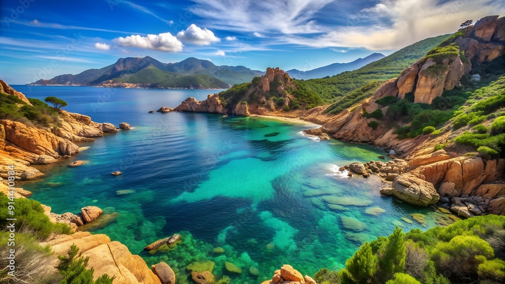Poster azure waters and emerald cliffs: a coastal tapestry of corsica ai generated