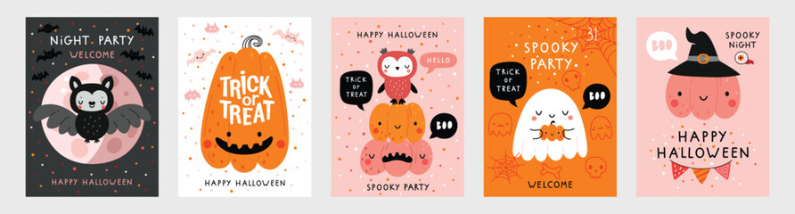Halloween hand drawn invitation or greeting Cards set. Graphic elements - pumpkins, ghosts, zombie, candy and others. Vector illustration.