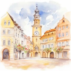 Fototapeta premium Historic town square, cobblestone streets and clock tower