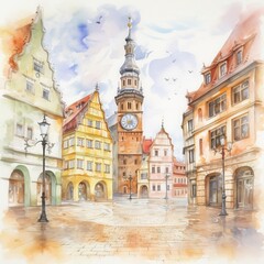 Obraz premium Historic town square, cobblestone streets and clock tower, European charm, water color