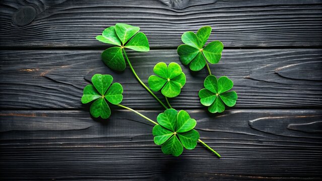 Five Leaf Clovers on Black Wood, St. Patrick's Day, Irish Symbol, Good Luck Charm, Clover, wood, luck