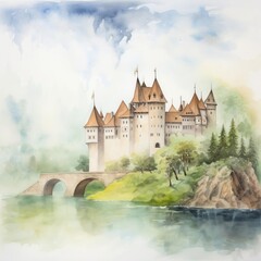 Historic castle, misty morning, medieval setting, water color