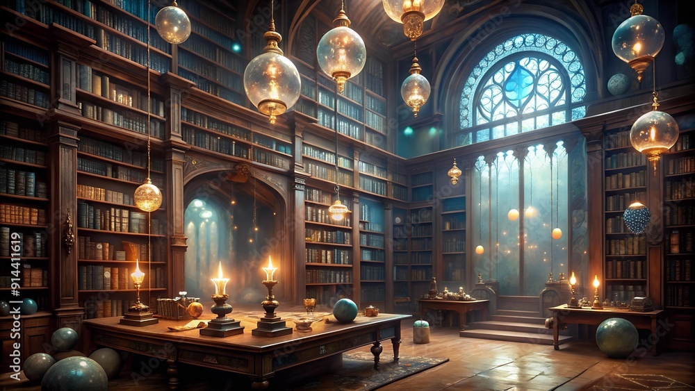 Poster a tapestry of arcane knowledge: a sorcerer's library filled with ancient grimoires and enchanting ar