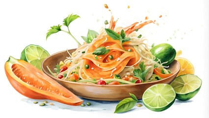 Vibrant Splash of Green and Orange: A Watercolor Papaya Salad Still Life  AI Generated