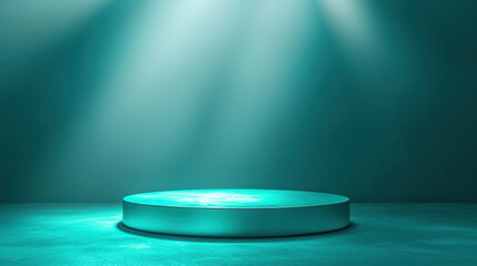 Teal Podium Spotlight: A minimalist, modern backdrop with a teal podium bathed in spotlights, ideal for product displays, presentations, or showcasing awards. The clean, elegant design creates a sense