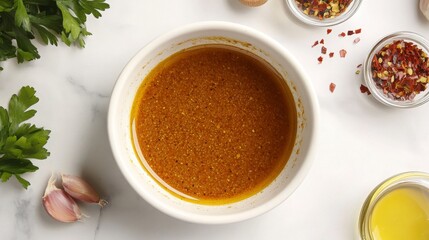 A bowl filled with a vibrant spice blend surrounded by garlic cloves, fresh herbs, and chili flakes, ready for culinary use.