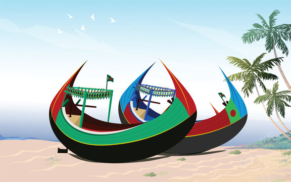 Traditional colorful wooden fishing boat on the coxs bazar With Blue Sky Background