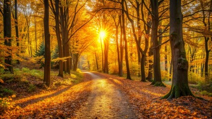 Obraz premium Golden Autumn Path Through The Woods, Forest , Fall , Path , Nature