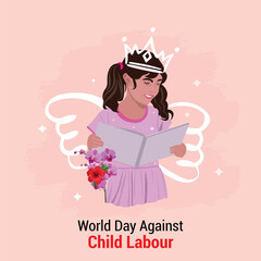 Adobe IllusWorld Child Labour Day illustration of beautiful happy fairy girl child reading book with crown in head and wings. Vector minimal illustration World Day Against Child Labour Dtrator Artwork