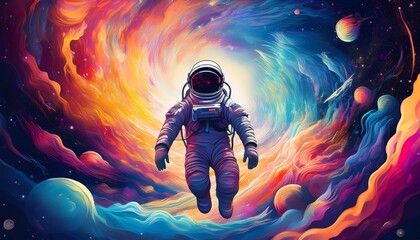 astronaut floating in a vortex of space clouds