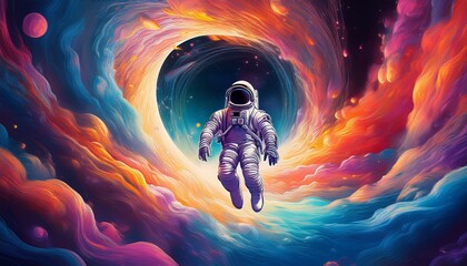 An astronaut floating in space with beautiful colorful space clouds behind