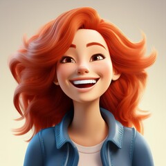 cartoon portrait of a young woman with long red hair, expressing her happy, excited real human feelings