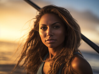 Fototapeta premium Action shot of a young woman on a paddleboard