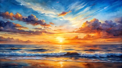Obraz premium Golden Hour Symphony: A Watercolor Sunset Over the Pacific AI generated