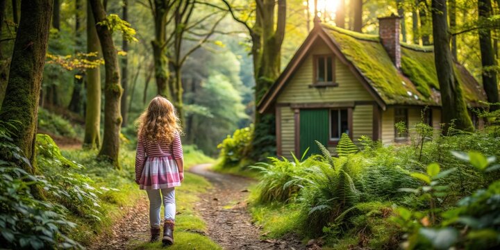 A young girl exploring a bear's cottage in the woods, Goldilocks, fairy tale, blonde, girl, child, cottage, woods, forest