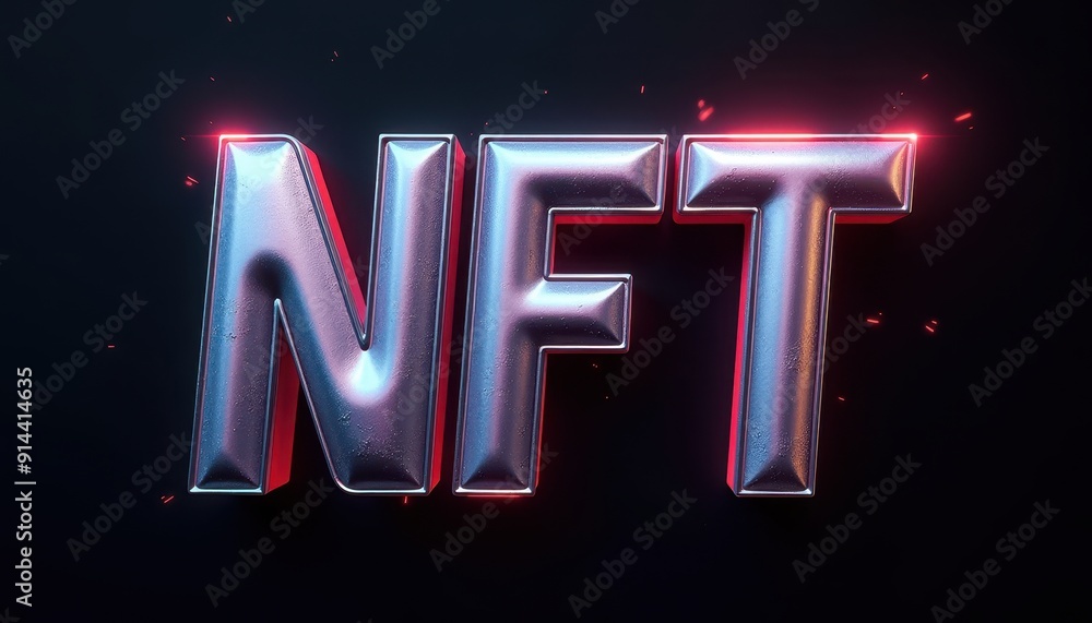 Poster shiny 3d nft text with a glowing effect on a dark background.
